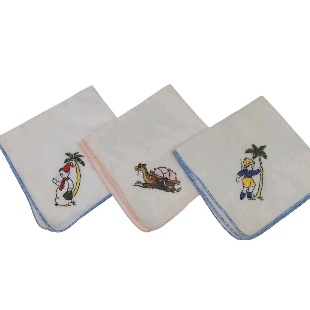 Unique Embroidered Linen Handkerchiefs Arabian Graphics Camel Fez Archeologist